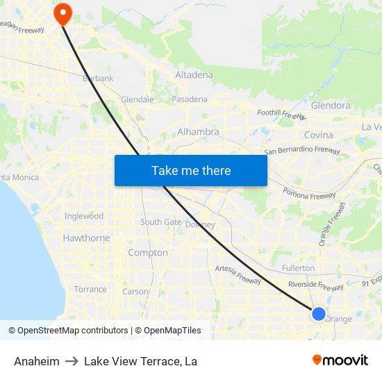 Anaheim to Lake View Terrace, La map