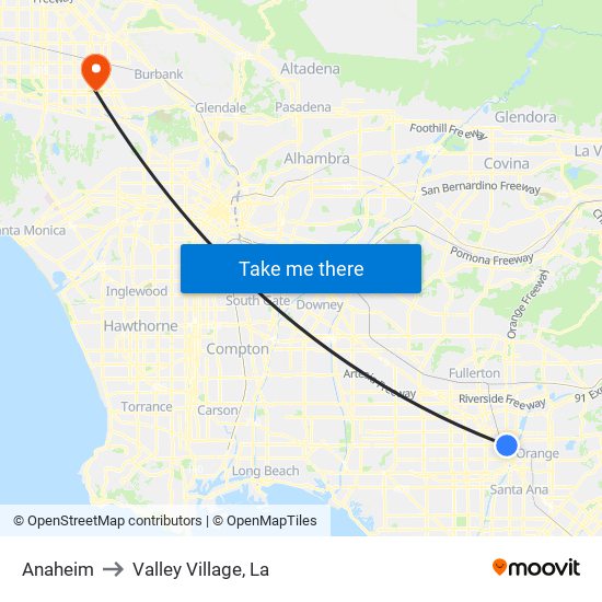 Anaheim to Valley Village, La map