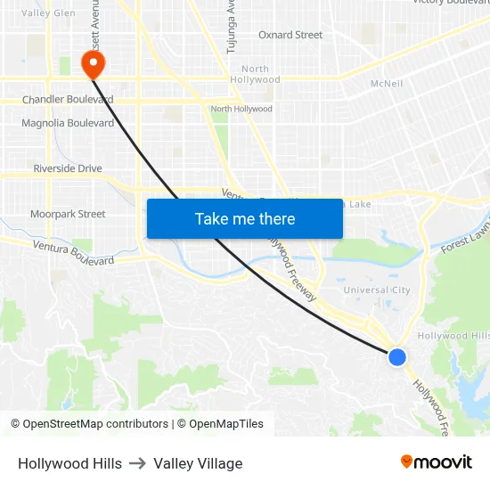Hollywood Hills to Valley Village map