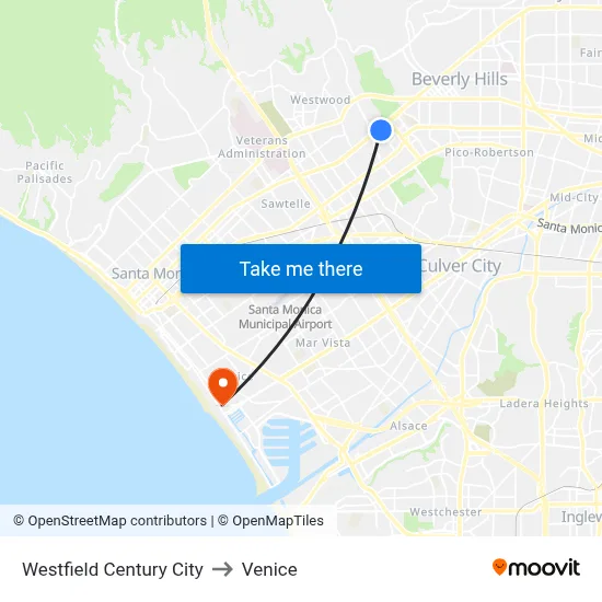 Westfield Century City to Venice map