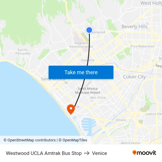 Westwood UCLA Amtrak Bus Stop to Venice map