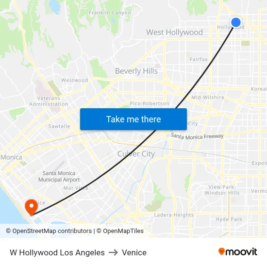 W Hollywood Los Angeles to Venice map
