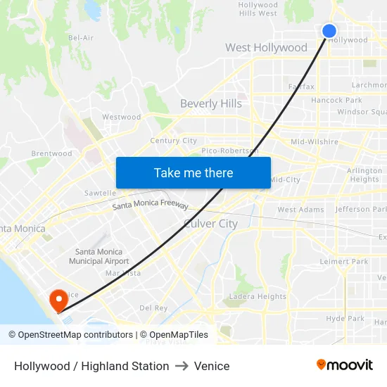 Hollywood / Highland Station to Venice map