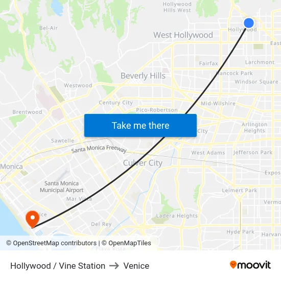 Hollywood / Vine Station to Venice map