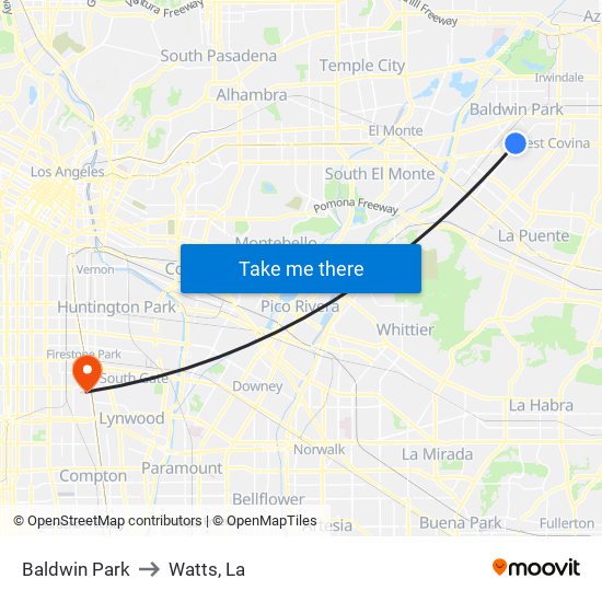 Baldwin Park to Watts, La map