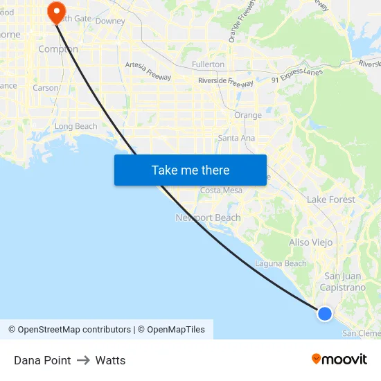Dana Point to Watts map