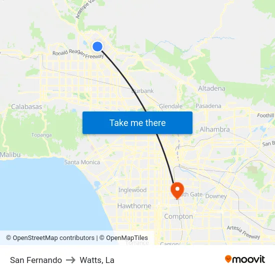San Fernando to Watts, La map