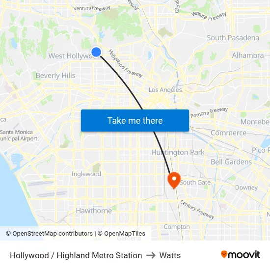 Hollywood / Highland Metro Station to Watts map
