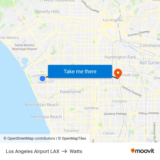 Los Angeles Airport LAX to Watts map