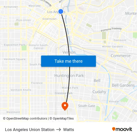 Los Angeles Union Station to Watts map