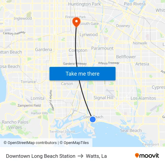 Downtown Long Beach Station to Watts, La map