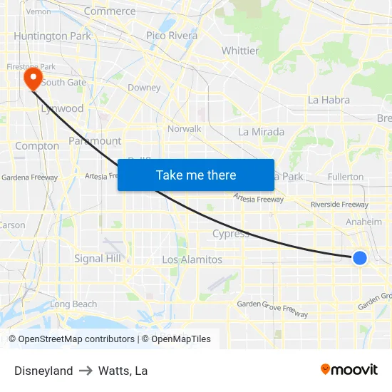 Disneyland to Watts, La map