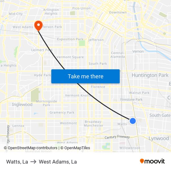 Watts, La to West Adams, La map