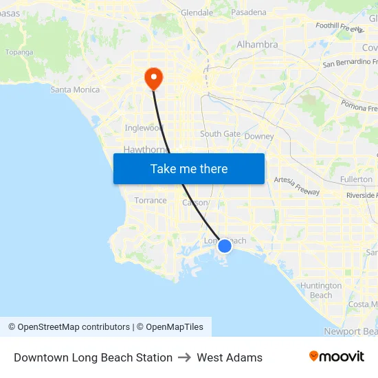 Downtown Long Beach Station to West Adams map