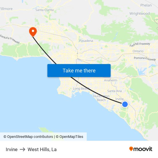 Irvine to West Hills, La map