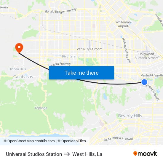 Universal Studios Station to West Hills, La map