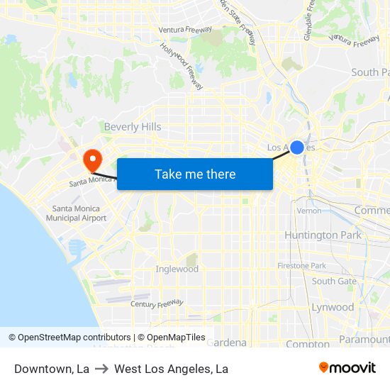 Downtown, La to West Los Angeles, La map