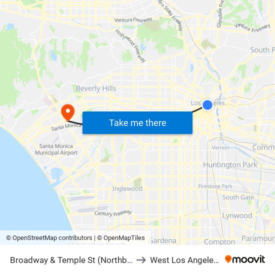 Broadway & Temple St (Northbound) to West Los Angeles, La map