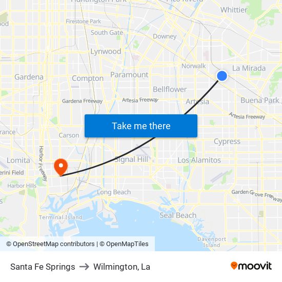 Santa Fe Springs to Wilmington, La map