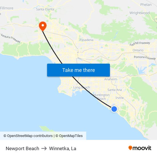 Newport Beach to Winnetka, La map