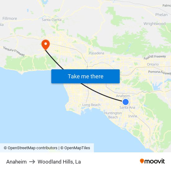 Anaheim to Woodland Hills, La map