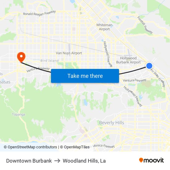 Downtown Burbank to Woodland Hills, La map