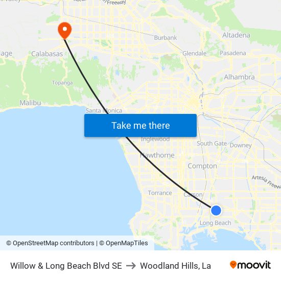 Willow & Long Beach Blvd SE to Woodland Hills, La map