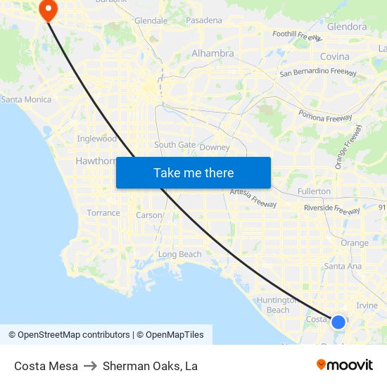 Costa Mesa to Sherman Oaks, La map