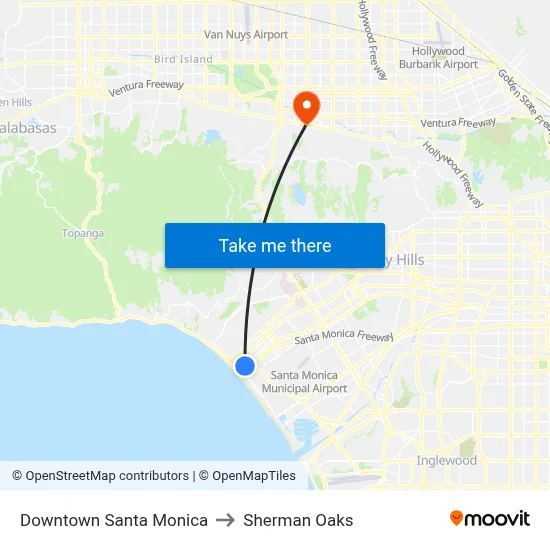 Downtown Santa Monica to Sherman Oaks map