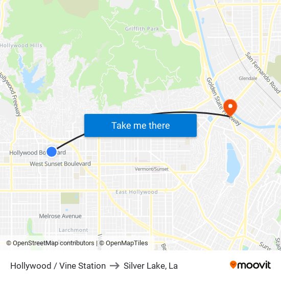 Hollywood / Vine Station to Silver Lake, La map