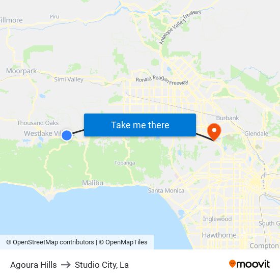 Agoura Hills to Studio City, La map