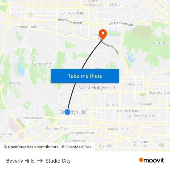 Beverly Hills to Studio City map