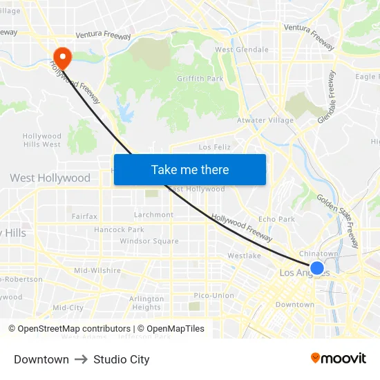 Downtown to Studio City map