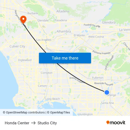 Honda Center to Studio City map