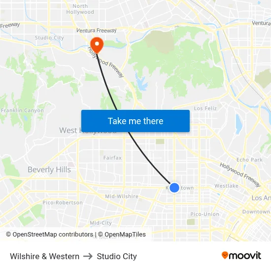 Wilshire & Western to Studio City map