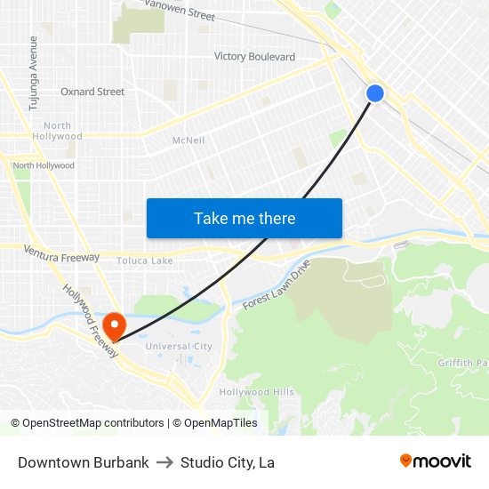 Downtown Burbank to Studio City, La map