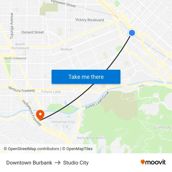 Downtown Burbank to Studio City map