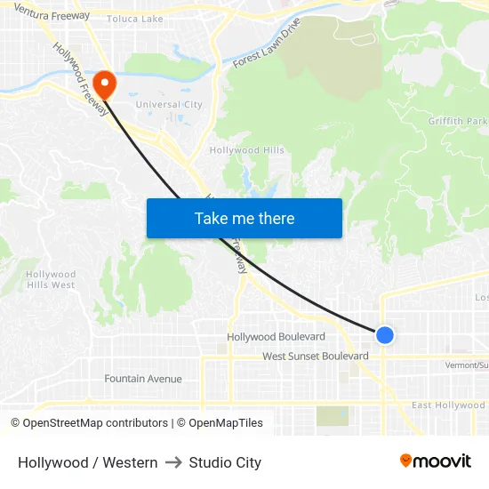 Hollywood / Western to Studio City map
