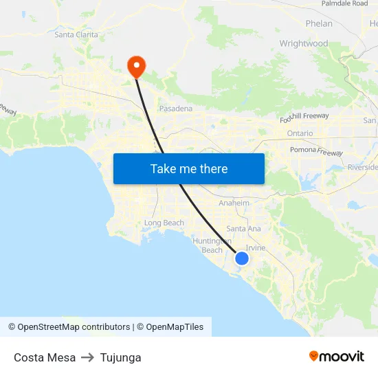 Costa Mesa to Tujunga map