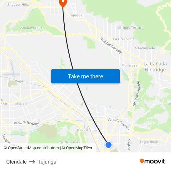 Glendale to Tujunga map