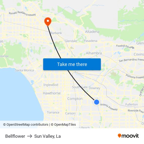 Bellflower to Sun Valley, La map