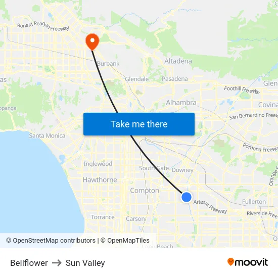 Bellflower to Sun Valley map