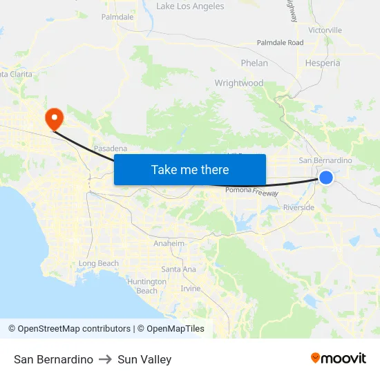 San Bernardino to Sun Valley map