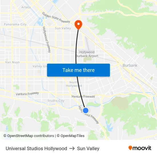 Universal Studios Hollywood to Sun Valley map