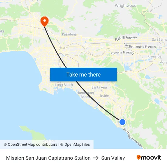 Mission San Juan Capistrano Station to Sun Valley map