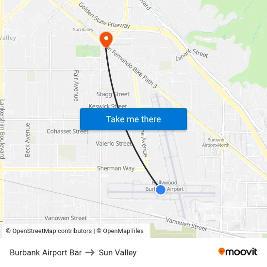 Burbank Airport Bar to Sun Valley map