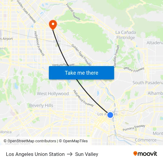 Los Angeles Union Station to Sun Valley map