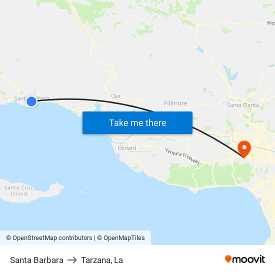 Santa Barbara to Tarzana, La map