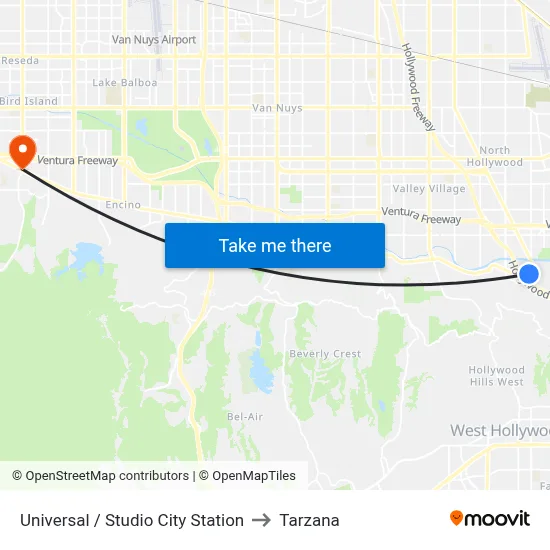 Universal / Studio City Station to Tarzana map