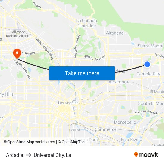 Arcadia to Universal City, La map
